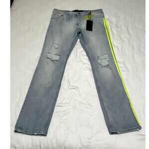 RON TOMSON Mens Modern Splattered Stripe Jeans Denim W/34 X L/34 Slim Fit New